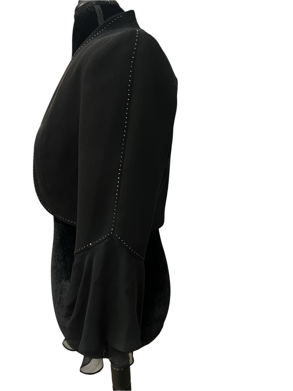 Black Open-Front Bolero Jacket with Sheer Ruffle Sleeves and Crystal details - Picture 2 of 7